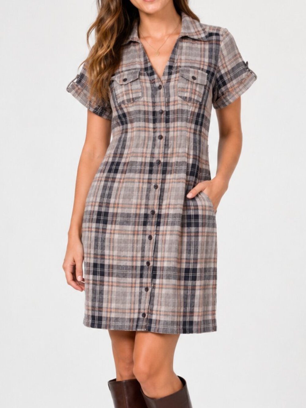 Vintage Y2k Shirt Dress Brown Plaid Button Up Roll Tab 100% Cotton Gilmore